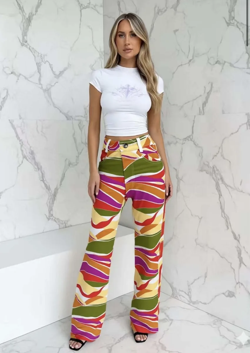 Calça jeans wide leg estampada estilo psicodélico/ondas cintura alta streetwear